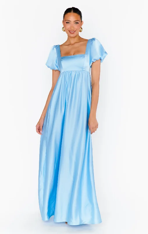 Nora Maxi Dress ~ Baby Blue Luxe Satin Classic A-Line Maxi Dress