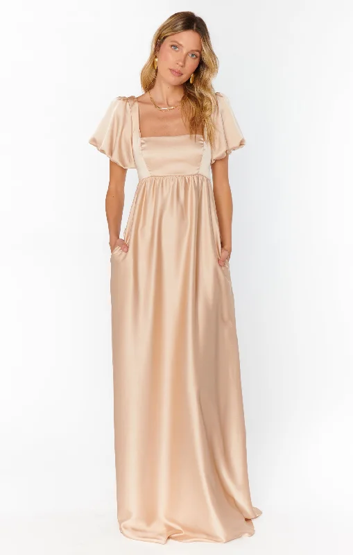 Nora Maxi Dress ~ Champagne Luxe Satin Stylish Empire Waist Maxi Dress