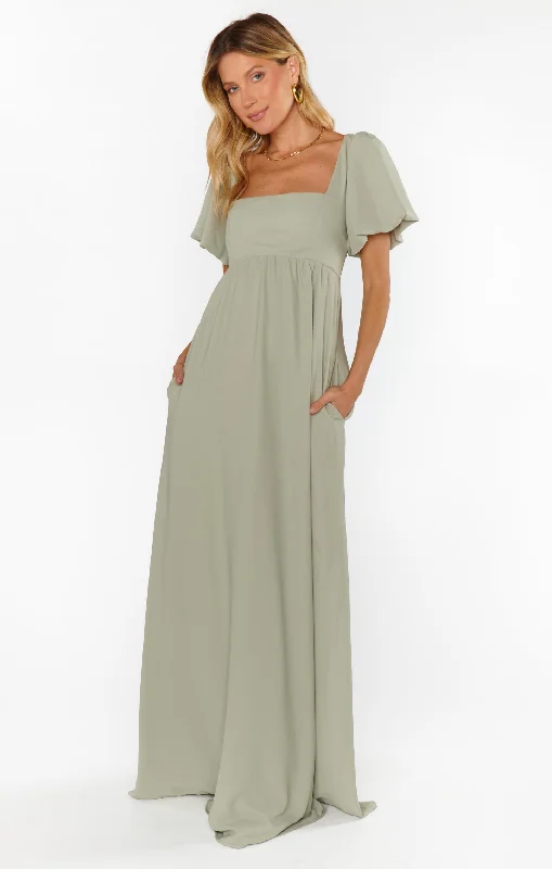 Nora Maxi Dress ~ Moss Green Crisp Elegant Maxi Dress with Lace