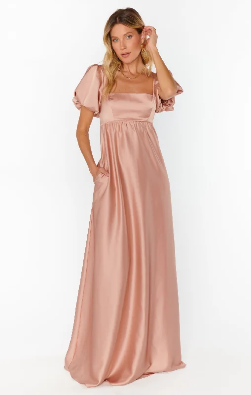 Nora Maxi Dress ~ Rose Gold Luxe Satin Comfortable Bohemian Maxi Dress