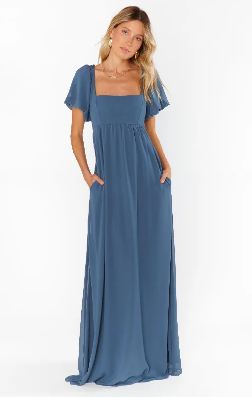 Nora Maxi Dress ~ Slate Blue Chiffon Comfortable Plunging Neckline Maxi Dress