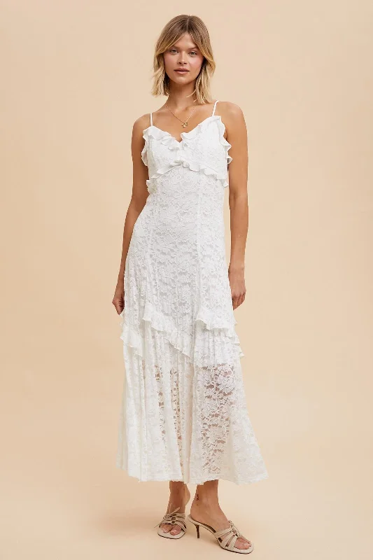 Off-White Vintage Lace Maxi Dress Stylish V-Neck Maxi Dress