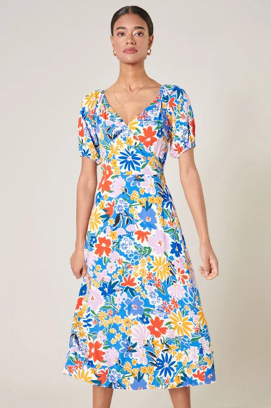 Ojai Floral Agave Puff Sleeve Midi Dress Elegant Satin Midi Dress