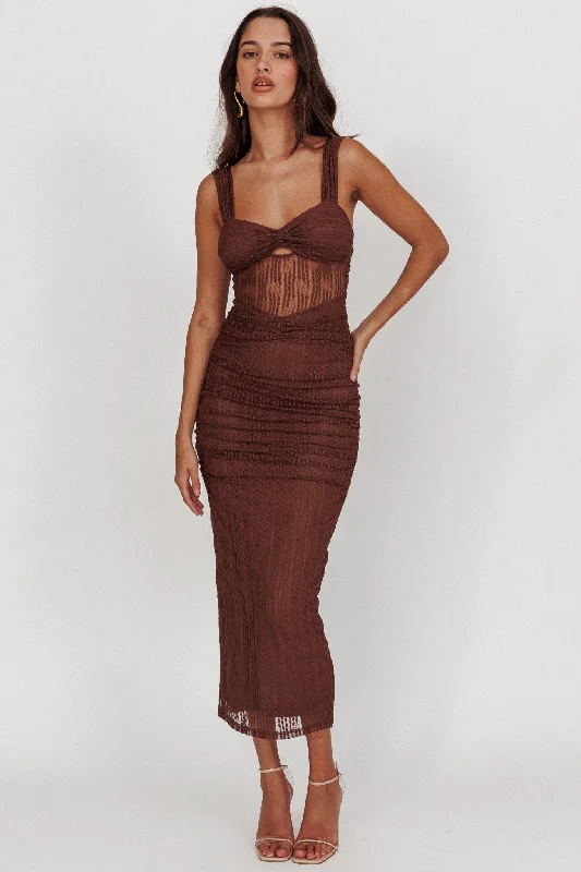 Oliana Embroidered Mesh Midi Dress Chocolate Stylish Cold Shoulder Midi Dress