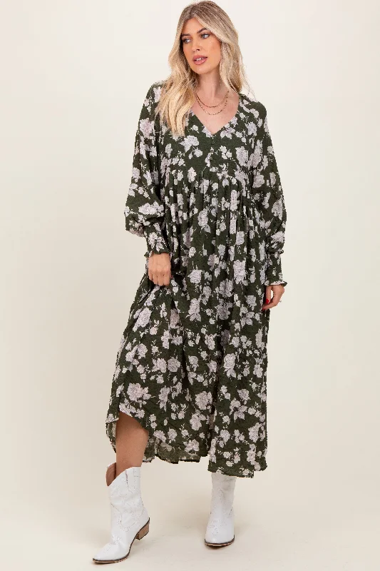 Olive Floral Textured Bubble Sleeve Maxi Dress Elegant Tiered Maxi Dress