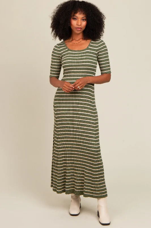 Olive Striped Ribbed Short Sleeve Maxi Dress Elegant Floral Maxi Dress