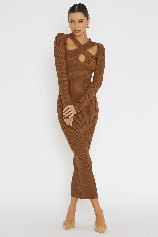 One Mind Cut-Out Neckline Knit Midi Dress Chocolate Stylish High-Waisted Midi Dress