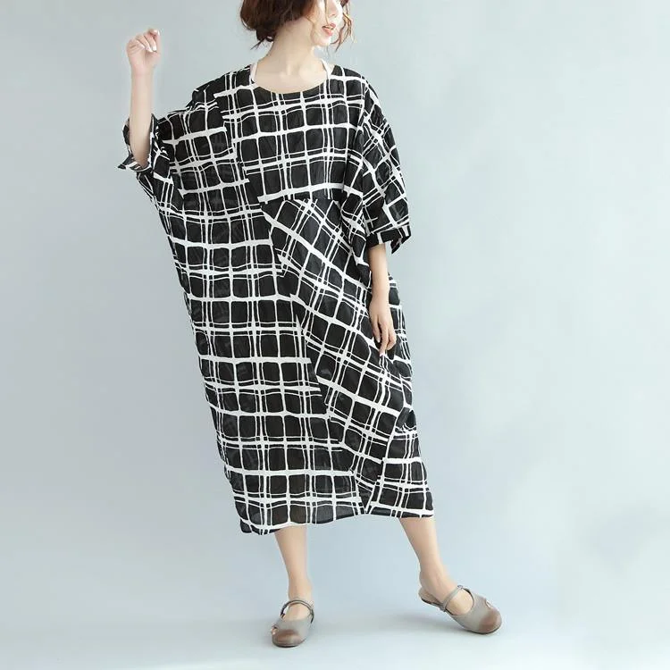 original black white plaid sundress cotton oversize casual dress short sleeve maxi dress Elegant Silk Maxi Dress