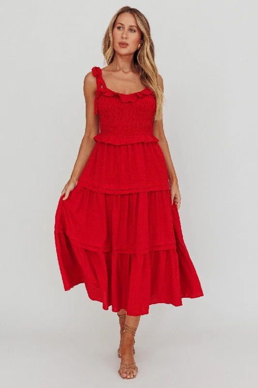 Paprika Tied Shoulder Shirred Midi Dress Red Cozy T-shirt Midi Dress