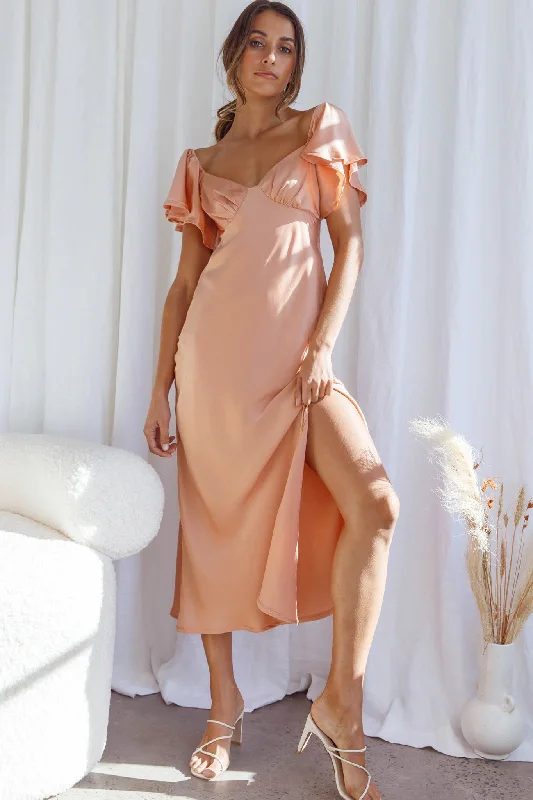 Park Avenue Flutter Sleeve Side Split Midi Dress Apricot Trendy Ruffle Hem Midi Dress