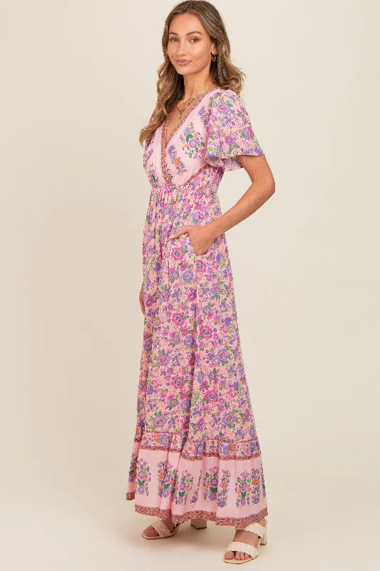 Pink Floral Border Printed Woven Short Sleeve V-Neck Maxi Dress Cozy Knit Maxi Dress