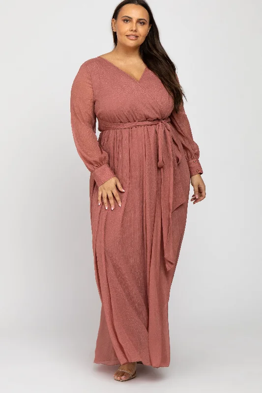 Pink Metallic Chiffon Plus Maxi Dress Stylish V-Neck Maxi Dress