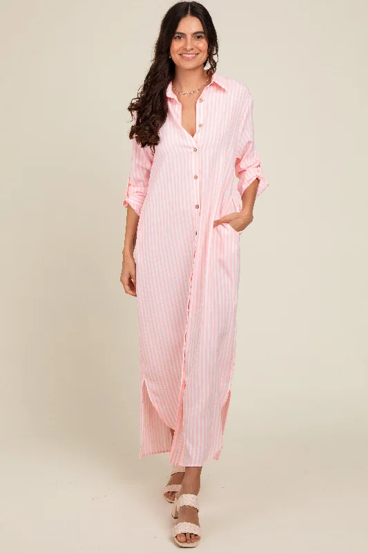 Pink Striped Button Down Maxi Dress Cozy Maxi Dress with Slit