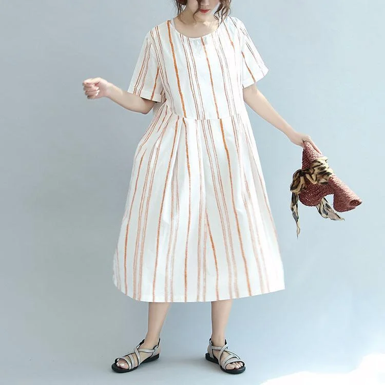 Pink Striped Patchwork Cotton Dresses Oversize Stylish Sundress Short Sleeve Maxi Dress Elegant Floral Maxi Dress