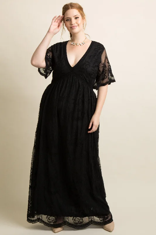 PinkBlush Black Lace Mesh Overlay Plus Maxi Dress Cozy Spaghetti Strap Maxi Dress