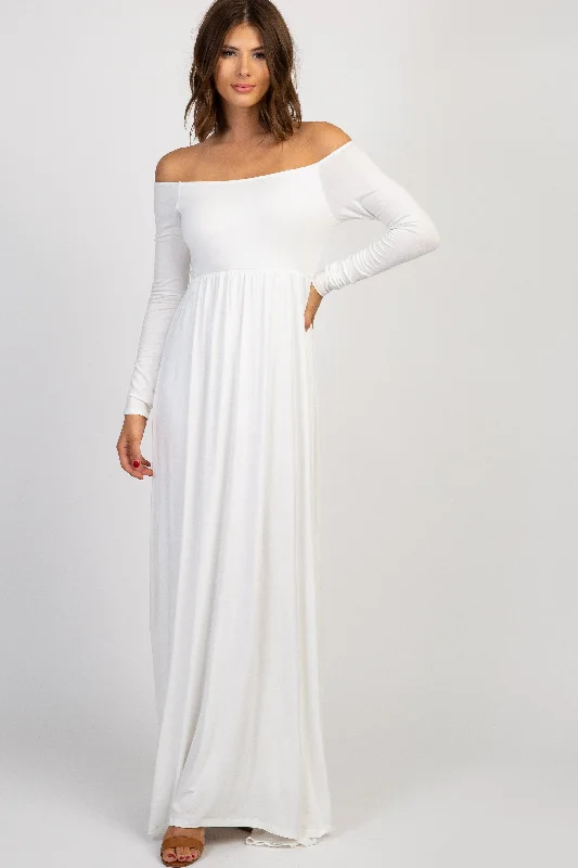 PinkBlush Ivory Solid Off Shoulder Maxi Dress Trendy Button Front Maxi Dress