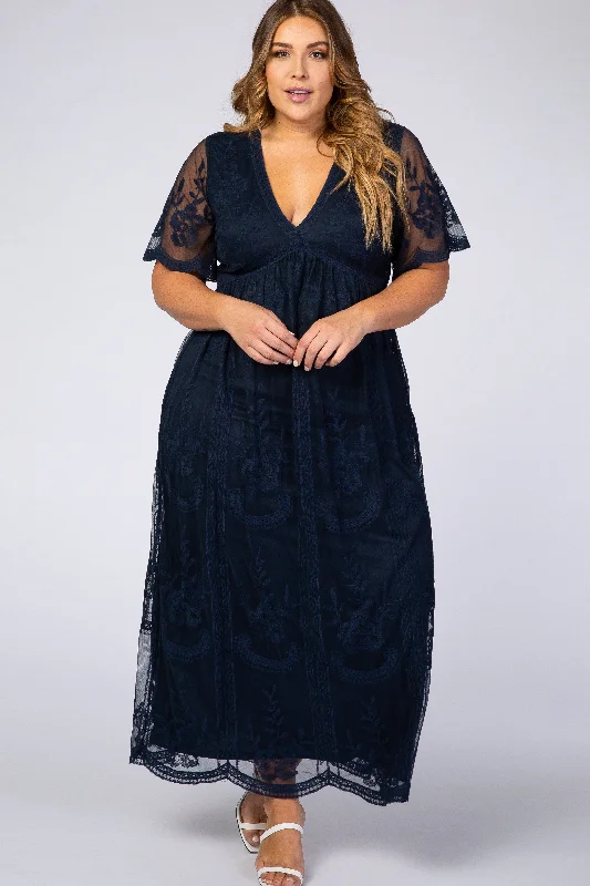 PinkBlush Navy Lace Mesh Overlay Plus Maxi Dress Fashionable Layered Maxi Dress