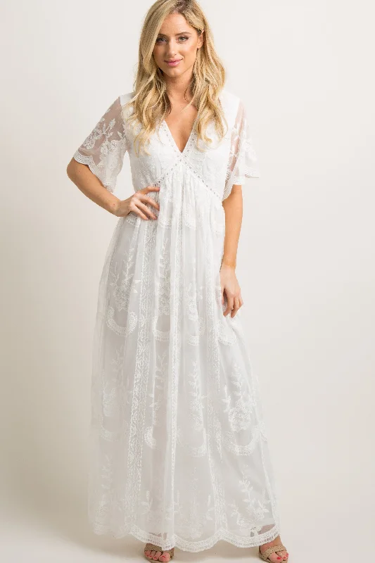 PinkBlush White Lace Mesh Overlay Maxi Dress Comfortable Fitted Maxi Dress