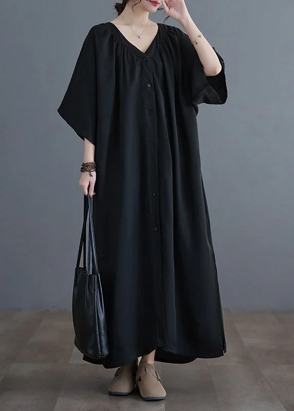 Plus Size Black V Neck Wrinkled Maxi Dresses Summer GH1033 Comfortable Maxi Dress with Belt