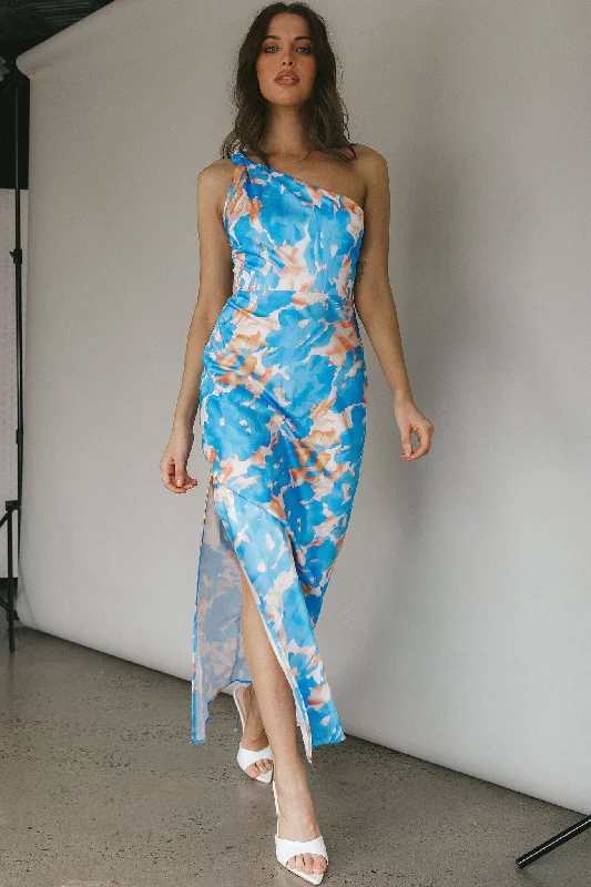 Portland One-Shoulder Maxi Dress Floral Blue Elegant Pleated Maxi Dress