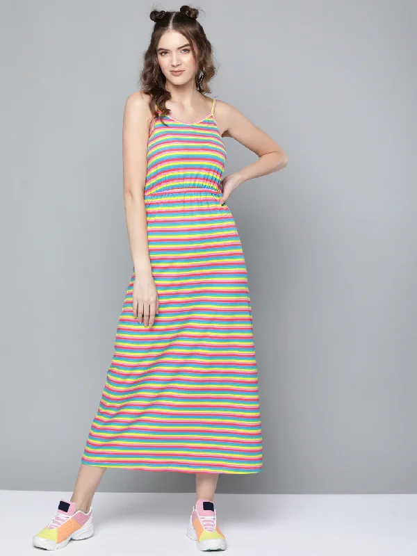 Rainbow Stripes Strappy Maxi Dress Comfortable Casual Maxi Dress