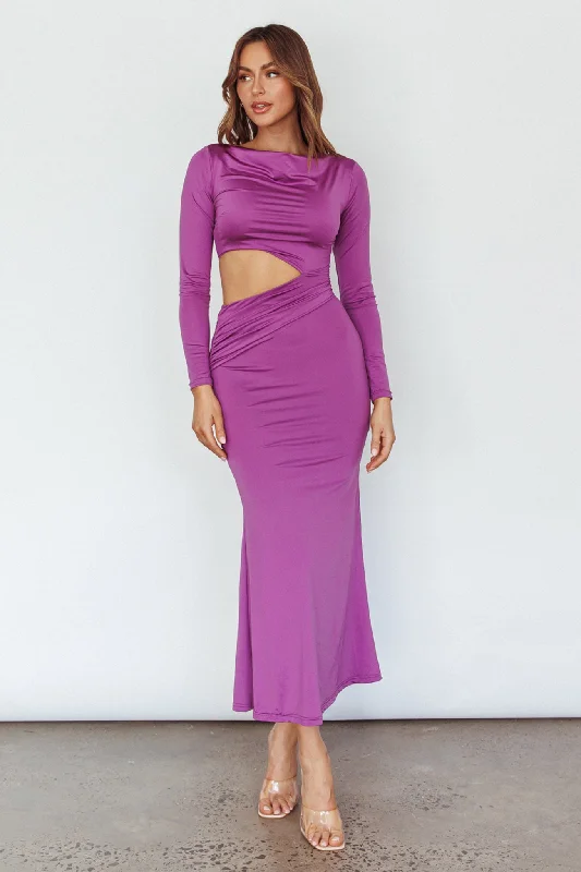 Rajah Long Sleeve Cut-Out Midi Dress Purple Comfortable Draped Midi Dress