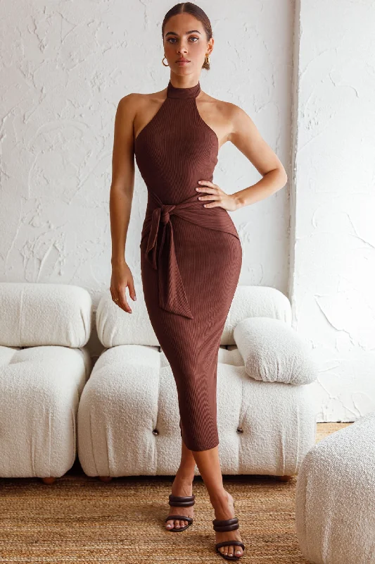 Rapt Waist Tie Halterneck Knit Midi Dress Chocolate Comfortable Ribbed Midi Dress