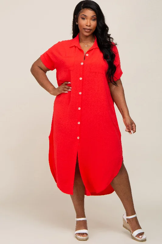 Red Button Down Hi Low Plus Maxi Dress Trendy Maxi Dress with Bow