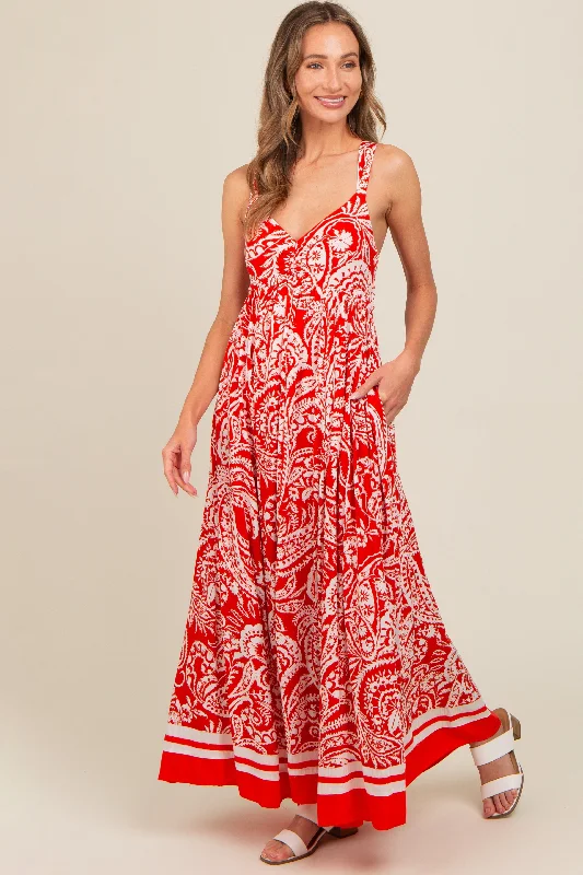 Red Paisley Cutout Back Maxi Dress Stylish Boho Maxi Dress