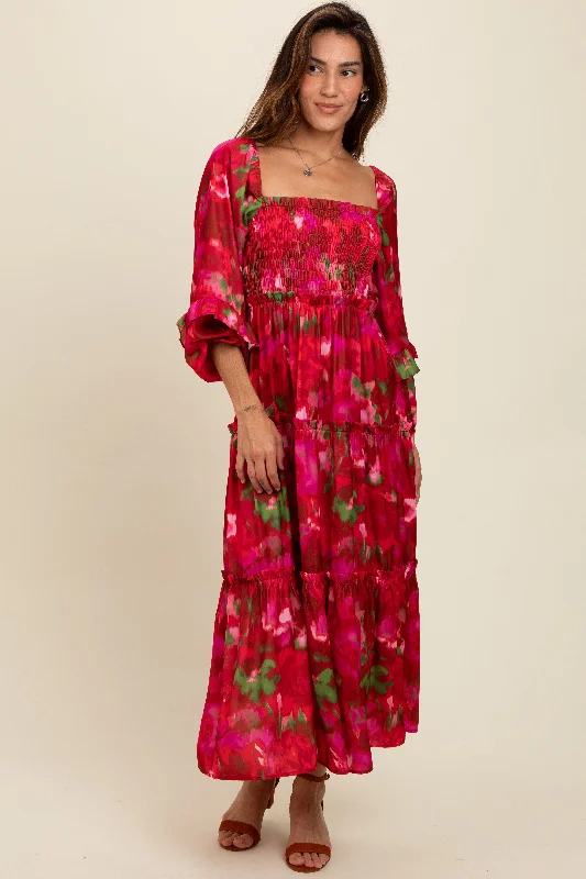 Red Satin Floral Smocked Ruffle Tier Maxi Dress Comfortable Flowy Maxi Dress