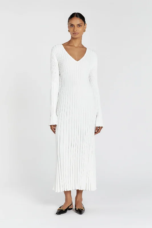 REIGN WHITE SLEEVED KNIT MIDI DRESS Trendy A-Line Midi Dress