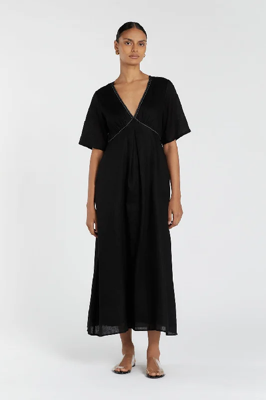 RHODES BLACK LINEN MIDI DRESS Cozy Tie-Dye Midi Dress