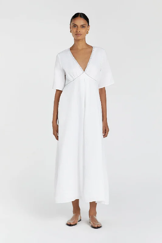 RHODES WHITE LINEN MIDI DRESS Elegant Lace Trim Midi Dress