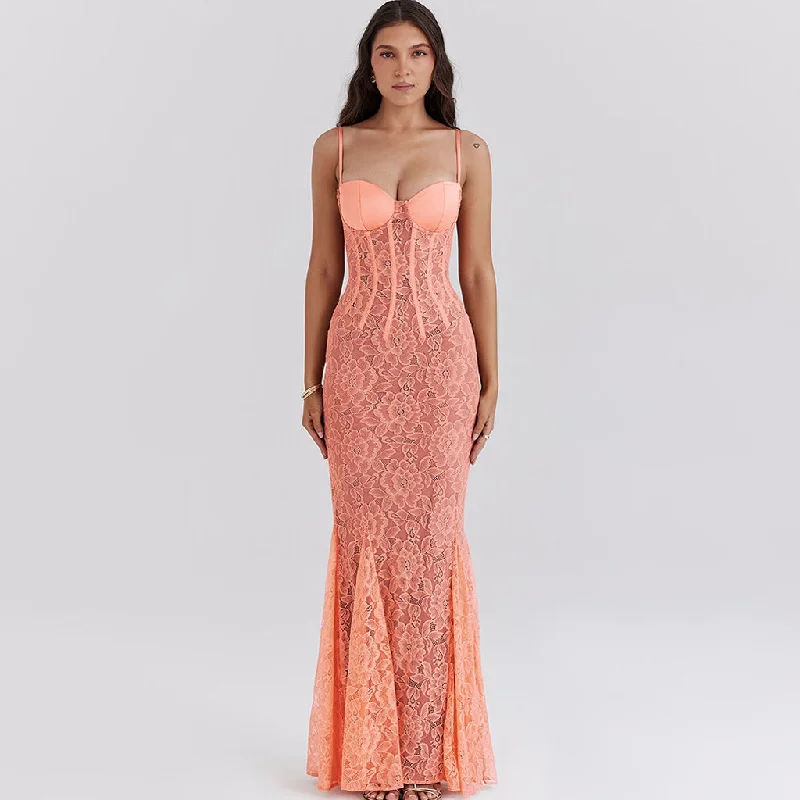 Romantic Floral Lace Bustier Spaghetti Strap Bodycon Godet Fishtail Maxi Dress Cozy Open-Back Maxi Dress