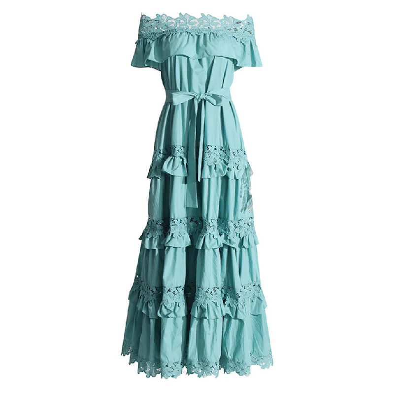 Romantic Ruffle Off Shoulder Tie Waist Guipure Lace Tiered Maxi Dress Trendy Short Sleeve Maxi Dress