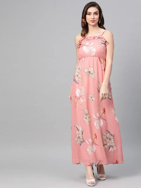 Rose Pink Floral Strappy Maxi Dress Fashionable Asymmetrical Maxi Dress