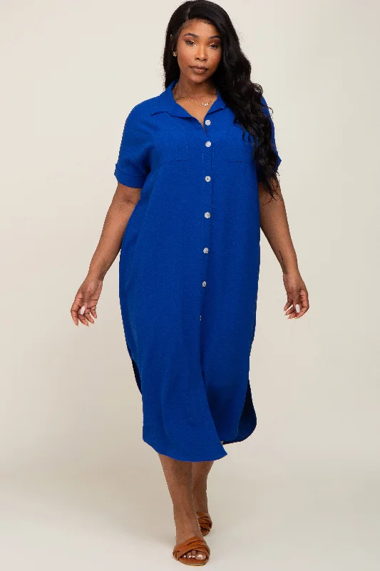 Royal Blue Button Down Hi Low Plus Maxi Dress Trendy Maxi Dress with Straps