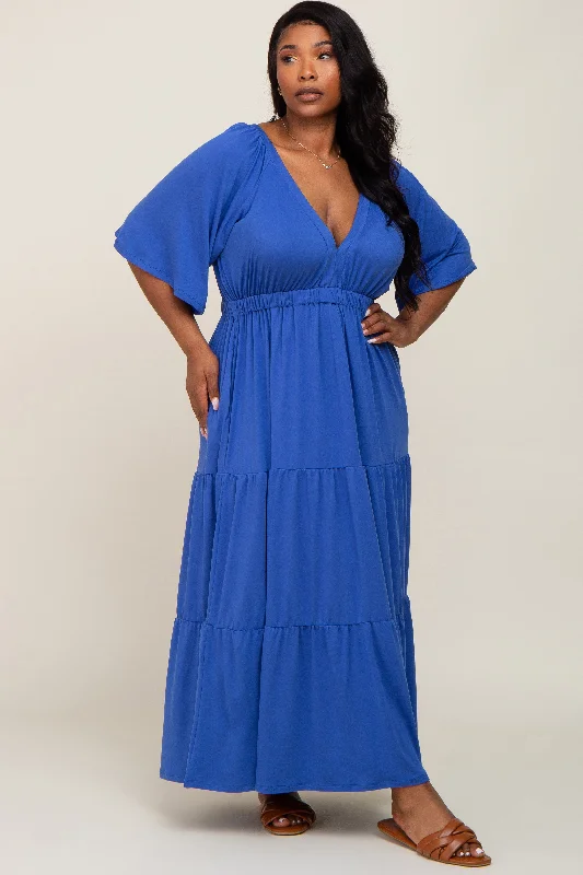 Royal Blue Deep V-Neck Tiered Plus Maxi Dress Comfortable Flowy Maxi Dress