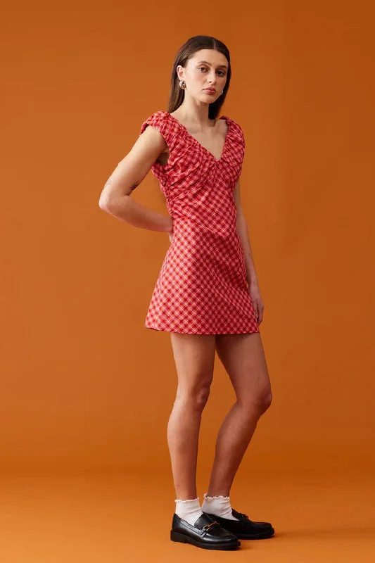 Ruby - Raquel Mini Dress, Red Tartan Cozy Cotton Mini Dress