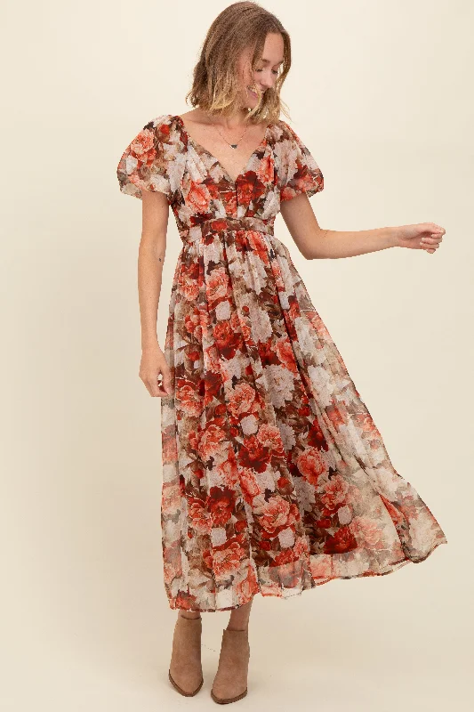 Rust Floral Puff Sleeve Maxi Dress Comfortable Casual Maxi Dress