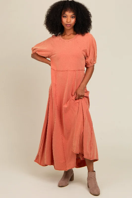 Rust Vintage Wash Puff Sleeve Maxi Dress Cozy Maxi Dress with Slit