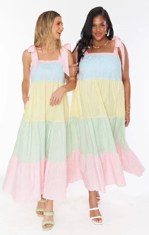 Sabrina Maxi Dress ~ Mixed Easter Stripe Trendy Ruffled Maxi Dress