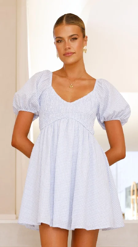 Sahirah Mini Dress - Blue / White Gingham Fashionable Off-Shoulder Mini Dress