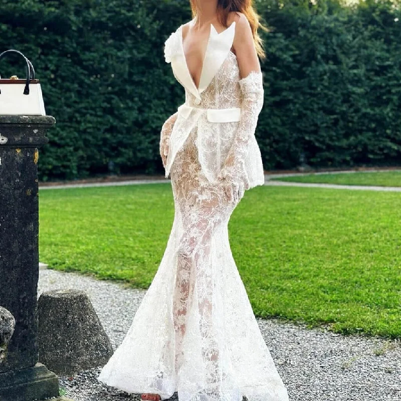 Sexy Rosette Peak Lapel Plunging Peplum Trumpet Mermaid Lace Maxi Dress Classic A-Line Maxi Dress