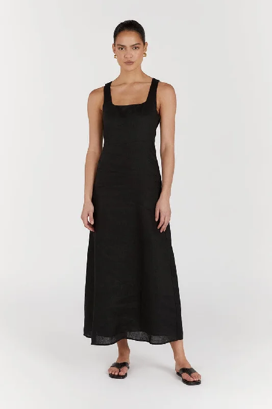 SHANNON BLACK LINEN MIDI DRESS Trendy Fit-and-Flare Midi Dress