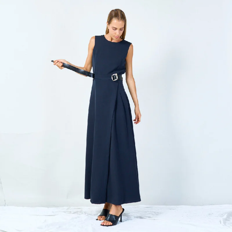 Sleeveless belted midi dress wholesale Elegant Pleated Sleeve Midi Dress