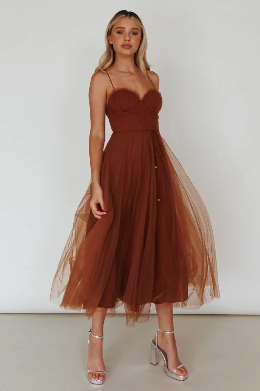 Smitten Sweetheart Neckline Chiffon Midi Dress Chocolate Cozy Knit Midi Dress