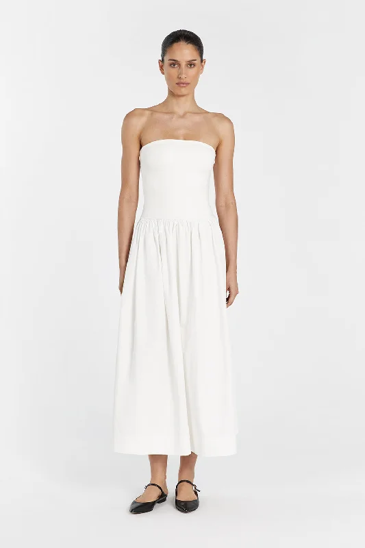 SOPHIE WHITE STRAPLESS MIDI DRESS Trendy Ruffle Hem Midi Dress