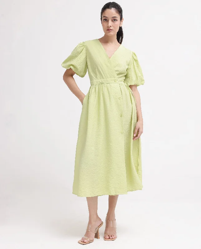 Rareism Women Stewart Light Green Button Closure Balloon Sleeve Over Lap Neck Fit And Flare Plain Maxi Dress Stylish V-Neck Maxi Dress