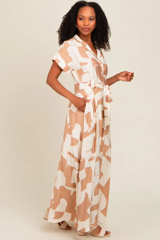 Taupe Printed Sash Tie Button Down Maxi Dress Elegant Wraparound Maxi Dress